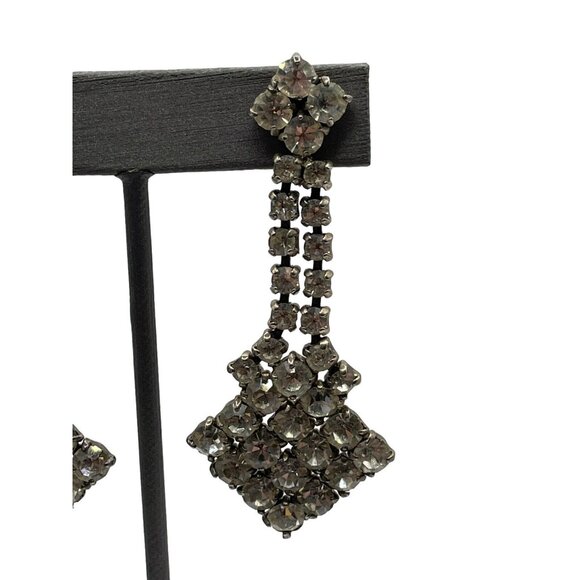 VTG  Mid Century Clear Rhinestone Dangle Drop Clip On Earrings Wedding Prom Read - Picture 5 of 10
